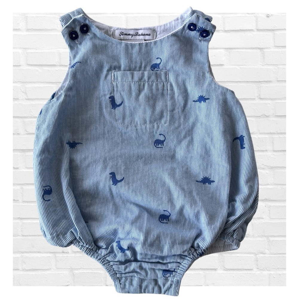 Tommy Bahama 6-9 M Light Blue White Striped Baby Bubble Romper Dinosaurs Overall